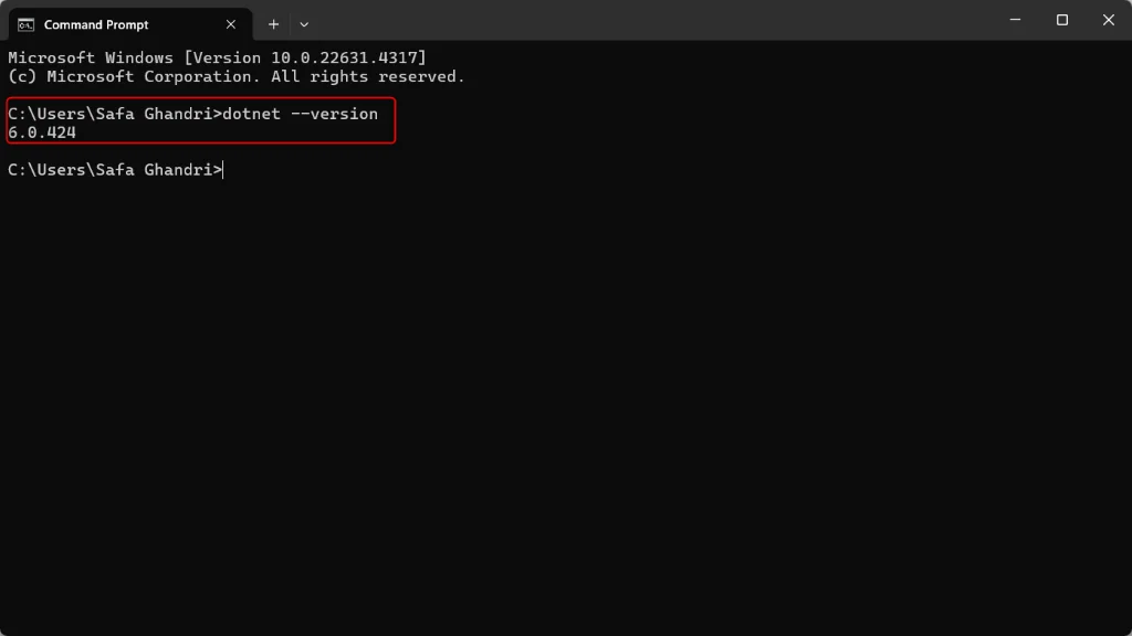 PowerShell terminal showing dotnet –version command output
