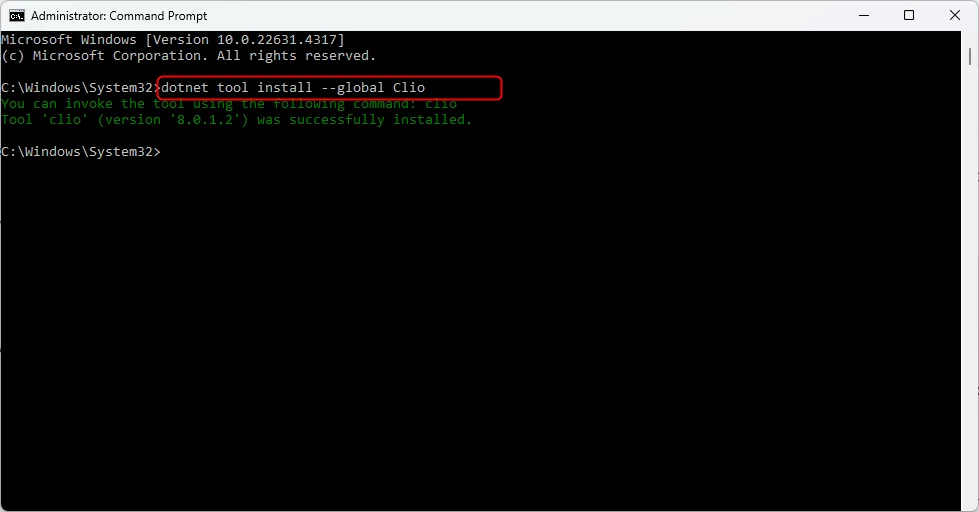 Terminal running dotnet tool install –global clio command